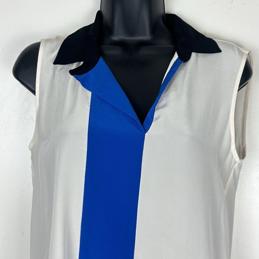 Sandro Paris  100% Silk White Blue Collared Shirt Sleeveless preppy Size 1 US S - Picture 3 of 10